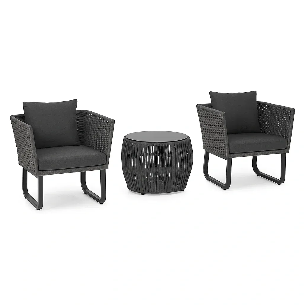 Set da tempo libero piccolo con 2 poltrone e tavolino in metallo e rattan nero