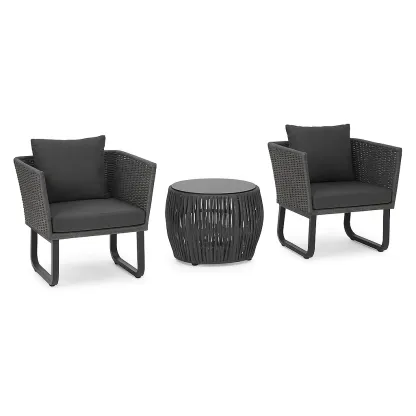 Set da tempo libero piccolo con 2 poltrone e tavolino in metallo e rattan nero
