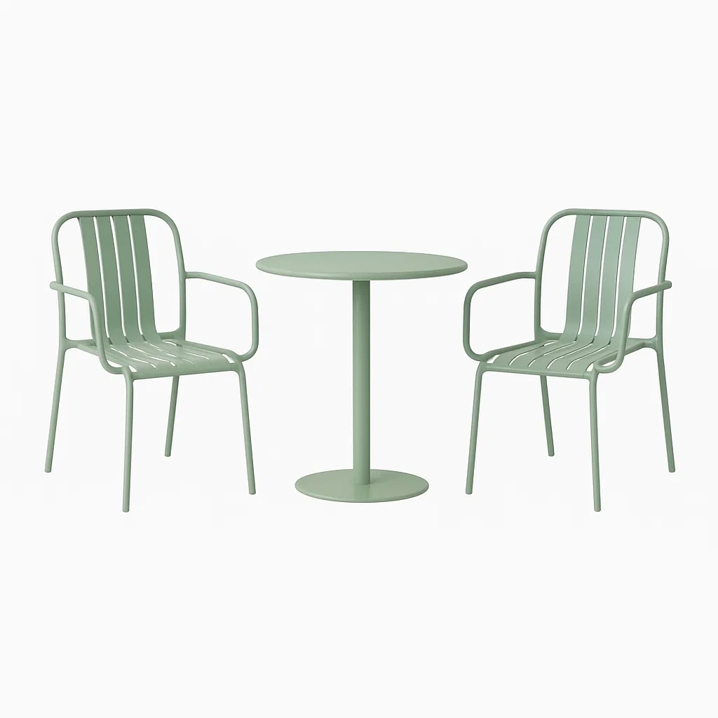Set da tempo libero piccolo con tavolo rotondo e sedie in acciaio verde