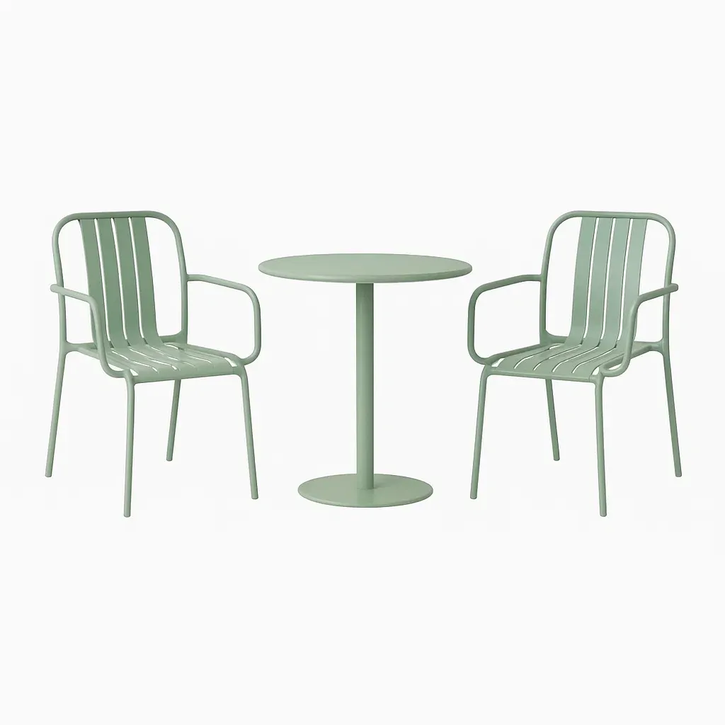 Set da tempo libero piccolo con tavolo rotondo e sedie in acciaio verde