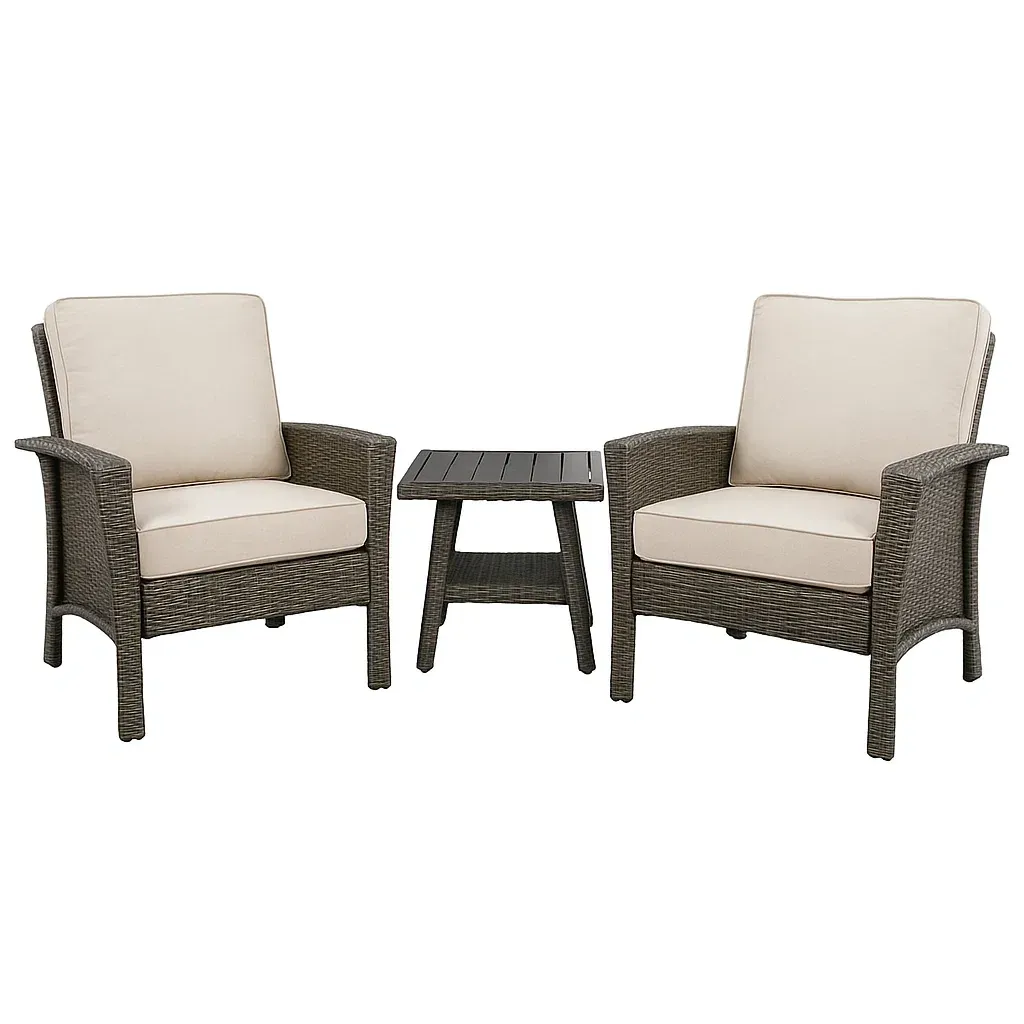 Set da tempo libero piccolo in rattan con cuscini beige e tavolino quadrato