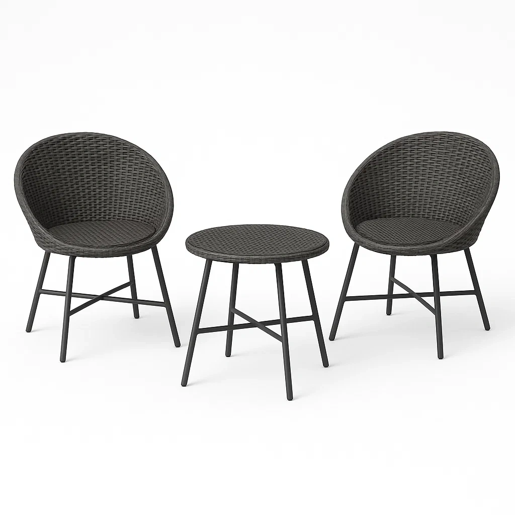 Set da tempo libero piccolo 3 pezzi in rattan con telaio in acciaio grigio