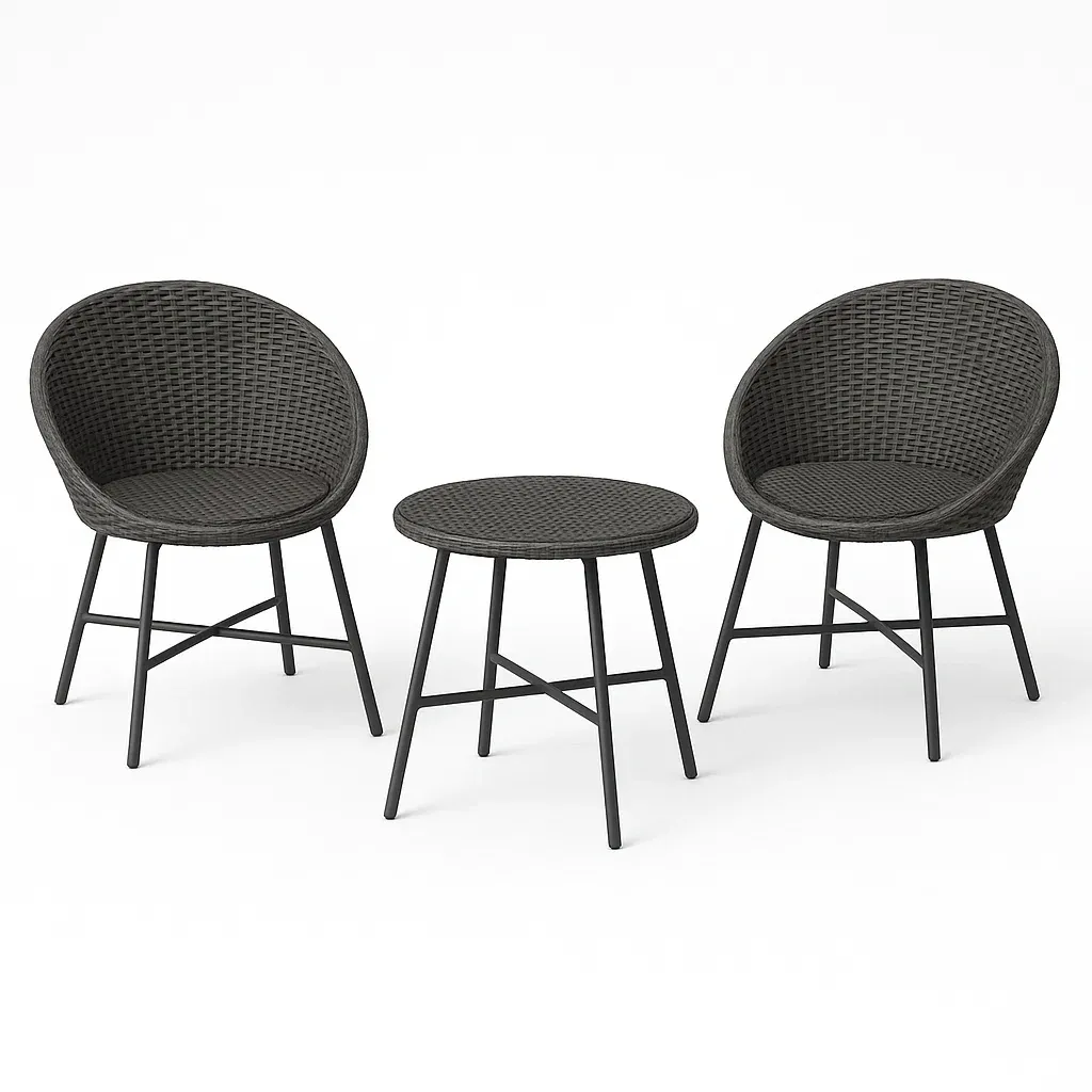 Set da tempo libero piccolo 3 pezzi in rattan con telaio in acciaio grigio