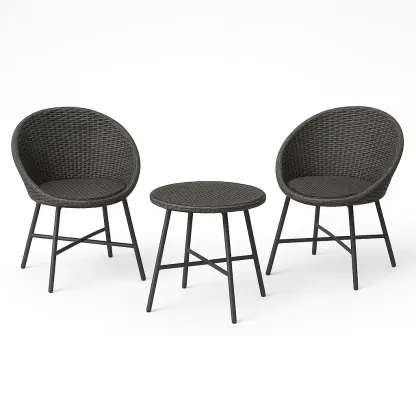 Set da tempo libero piccolo 3 pezzi in rattan con telaio in acciaio grigio