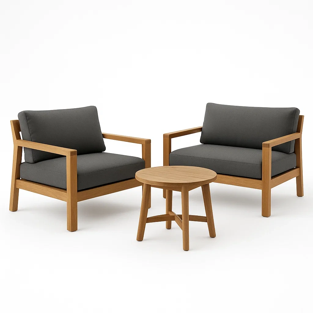 Set da tempo libero piccolo in legno con sedie, tavolino rotondo e cuscini grigi