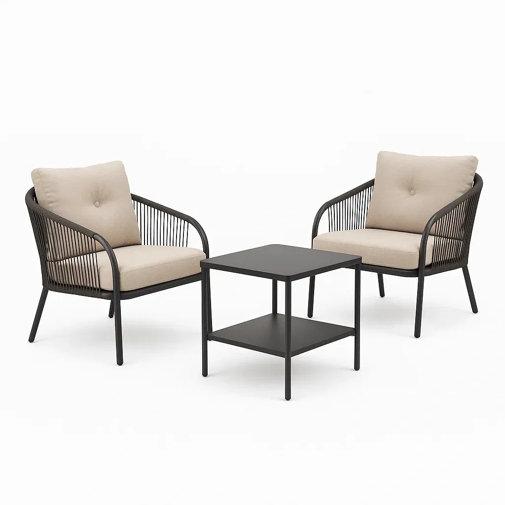 Set da tempo libero piccolo con due poltrone e tavolino in metallo