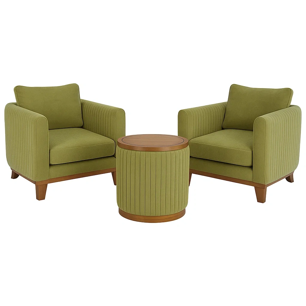 Set da tempo libero piccolo con 2 poltrone in tessuto verde e tavolino rotondo in legno