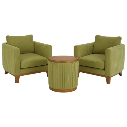 Set da tempo libero piccolo con 2 poltrone in tessuto verde e tavolino rotondo in legno