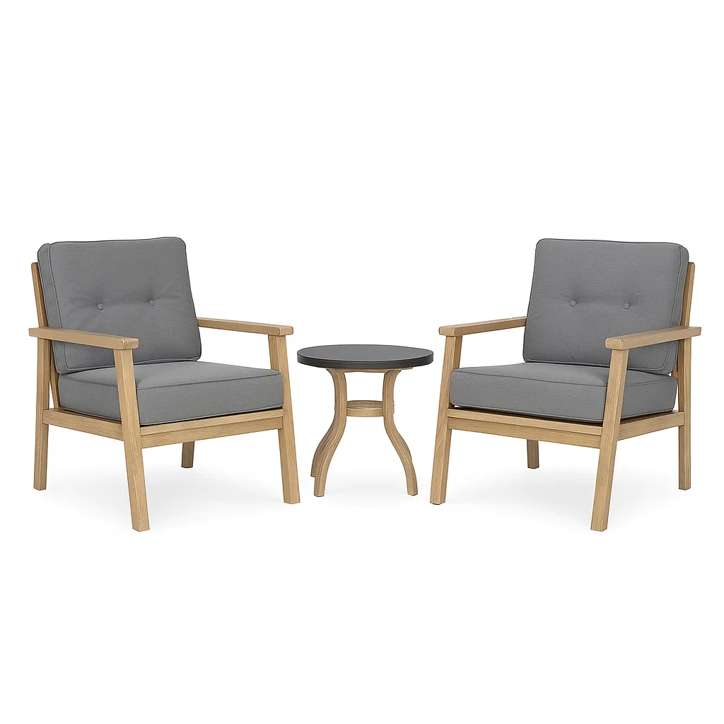 Set da tempo libero piccolo con due poltrone e tavolino in legno e tessuto grigio