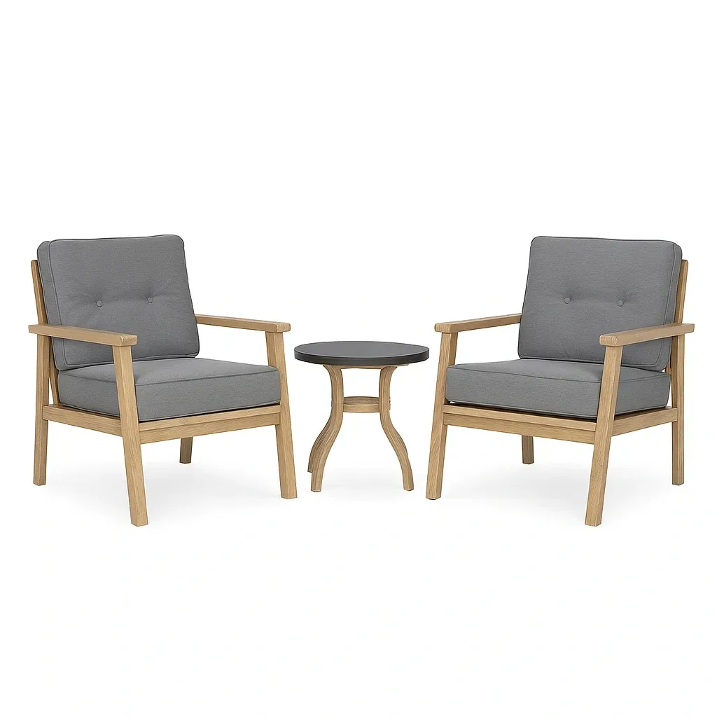 Set da tempo libero piccolo con due poltrone e tavolino in legno e tessuto grigio