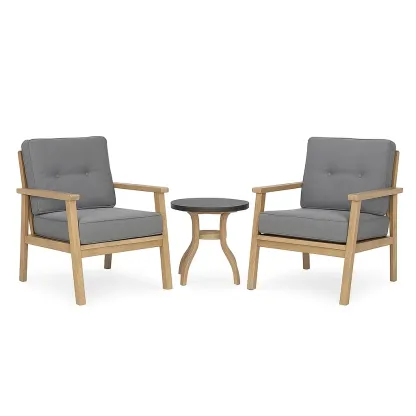 Set da tempo libero piccolo con due poltrone e tavolino in legno e tessuto grigio