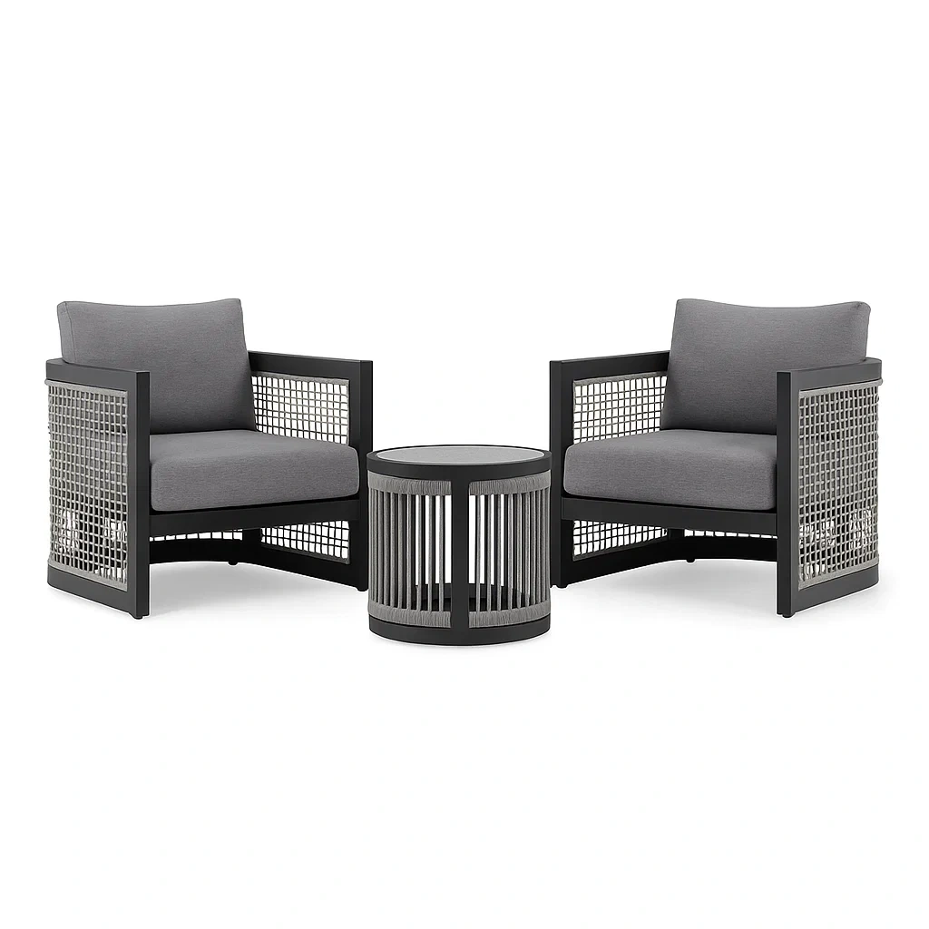 Set da tempo libero piccolo con due poltrone e tavolino rotondo in alluminio e tessuto grigio scuro