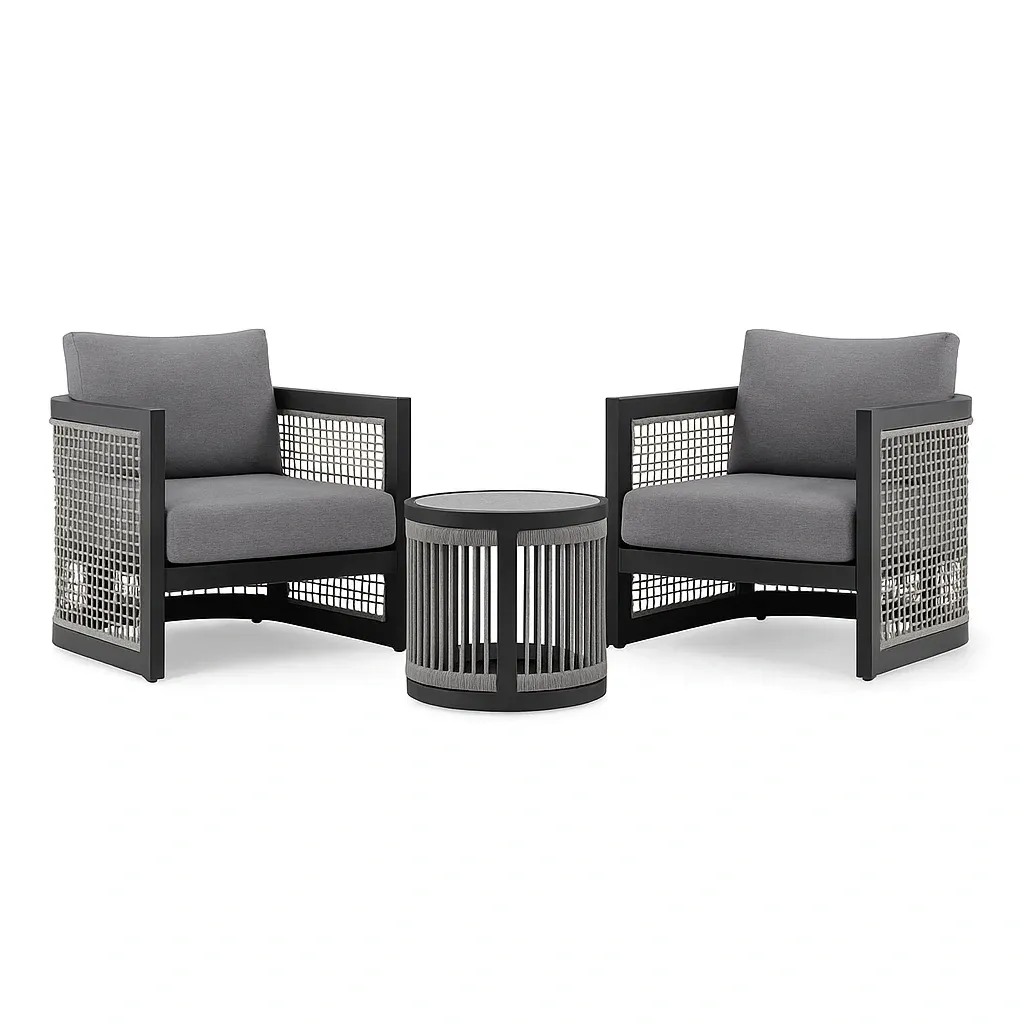 Set da tempo libero piccolo con due poltrone e tavolino rotondo in alluminio e tessuto grigio scuro