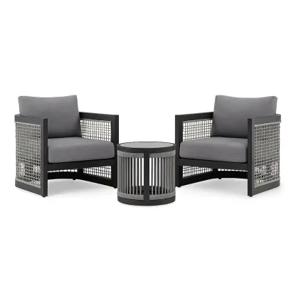 Set da tempo libero piccolo con due poltrone e tavolino rotondo in alluminio e tessuto grigio scuro