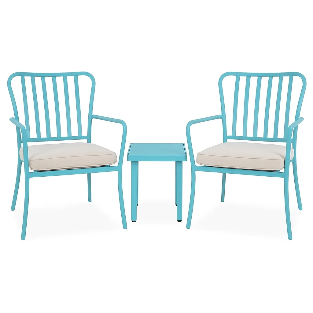 Set da tempo libero piccolo con 2 sedie con braccioli e tavolino in metallo azzurro con cuscini beige