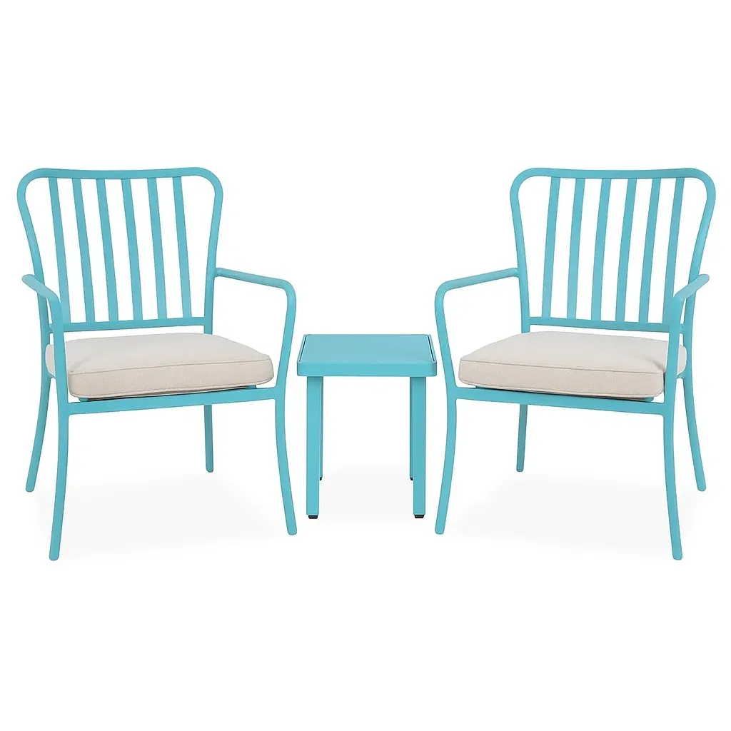 Set da tempo libero piccolo con 2 sedie con braccioli e tavolino in metallo azzurro con cuscini beige