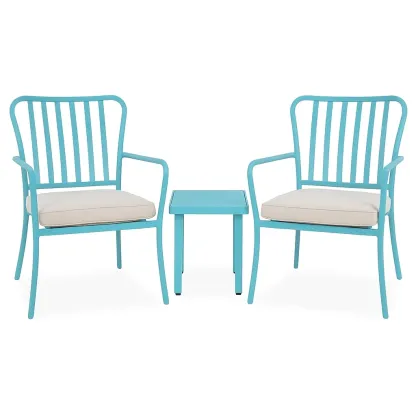 Set da tempo libero piccolo con 2 sedie con braccioli e tavolino in metallo azzurro con cuscini beige