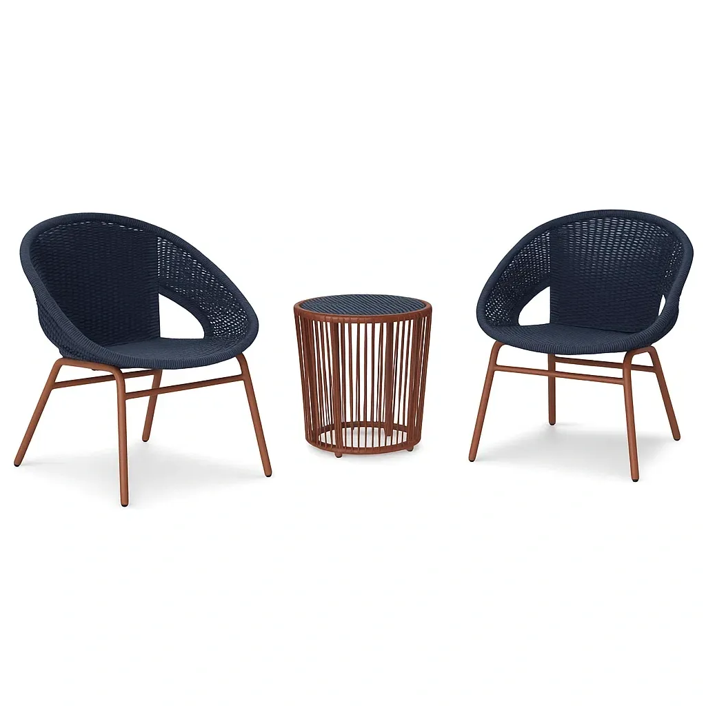 Set da tempo libero piccolo con sedie e tavolino in metallo e cordone blu scuro con struttura marrone