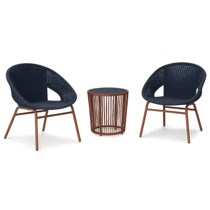 Set da tempo libero piccolo con sedie e tavolino in metallo e cordone blu scuro con struttura marrone