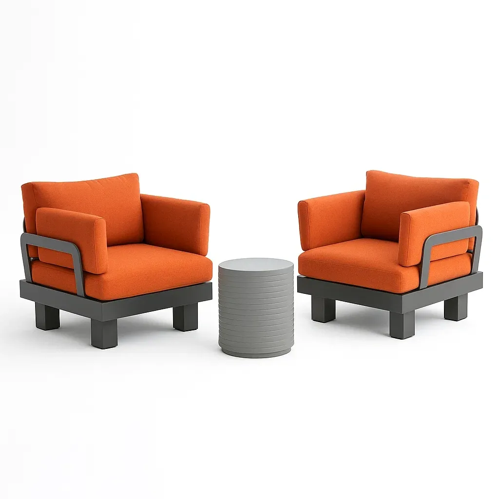 Set da tempo libero piccolo con 2 poltrone in metallo e tessuto e tavolino rotondo grigio