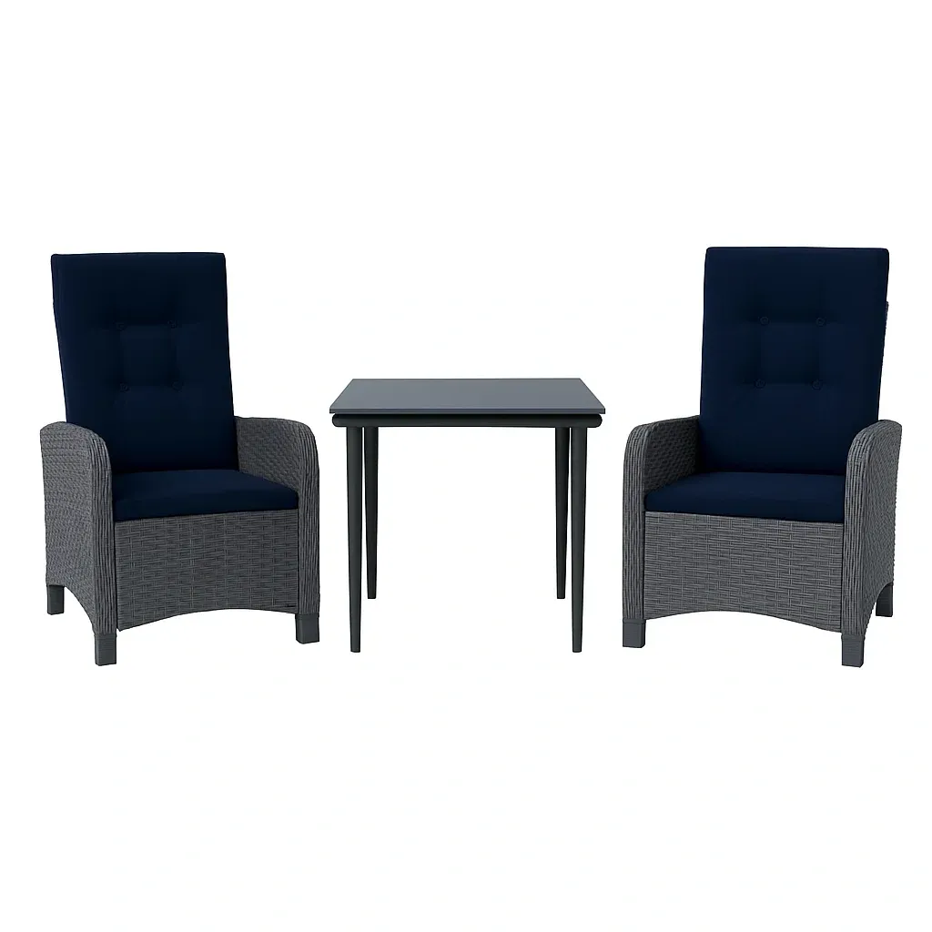 Set da tempo libero piccolo con due poltrone in rattan sintetico grigio e tavolo in metallo nero