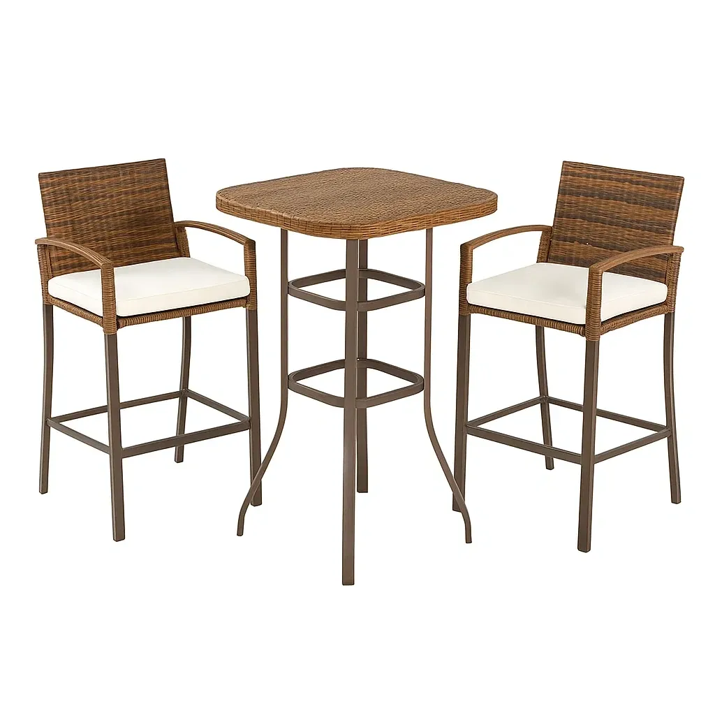 Set tavolo da bar con sedie quadrato in rattan e acciaio marrone con cuscini bianchi