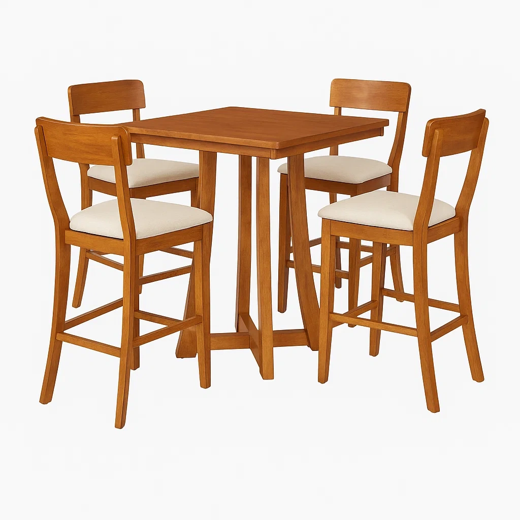 Set tavolo da bar con sedie in legno massello colore naturale con cuscini bianchi