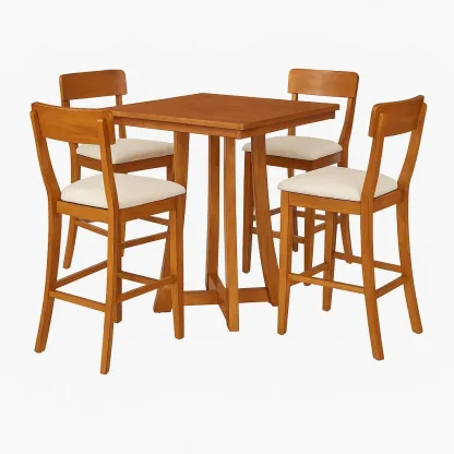 Set tavolo da bar con sedie in legno massello colore naturale con cuscini bianchi