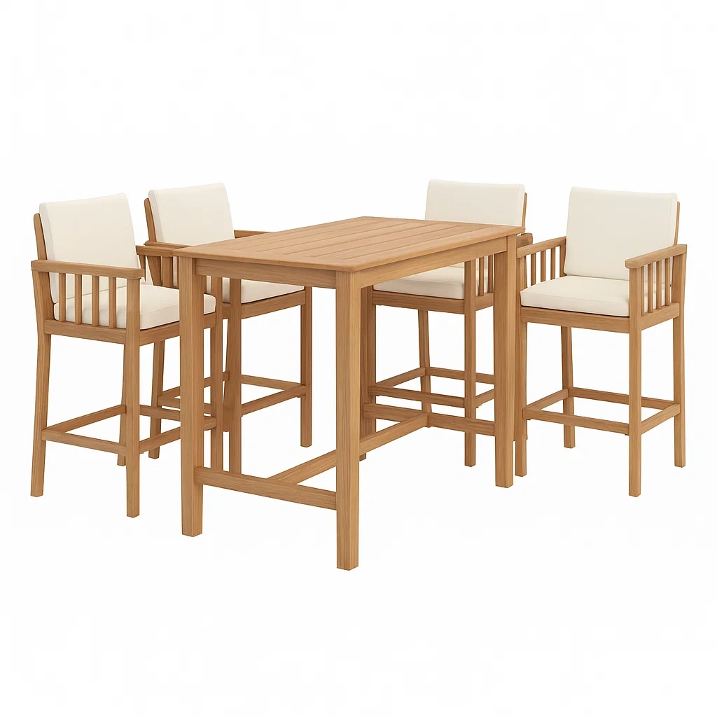 Set tavolo da bar con sedie in legno di teak con cuscini bianchi