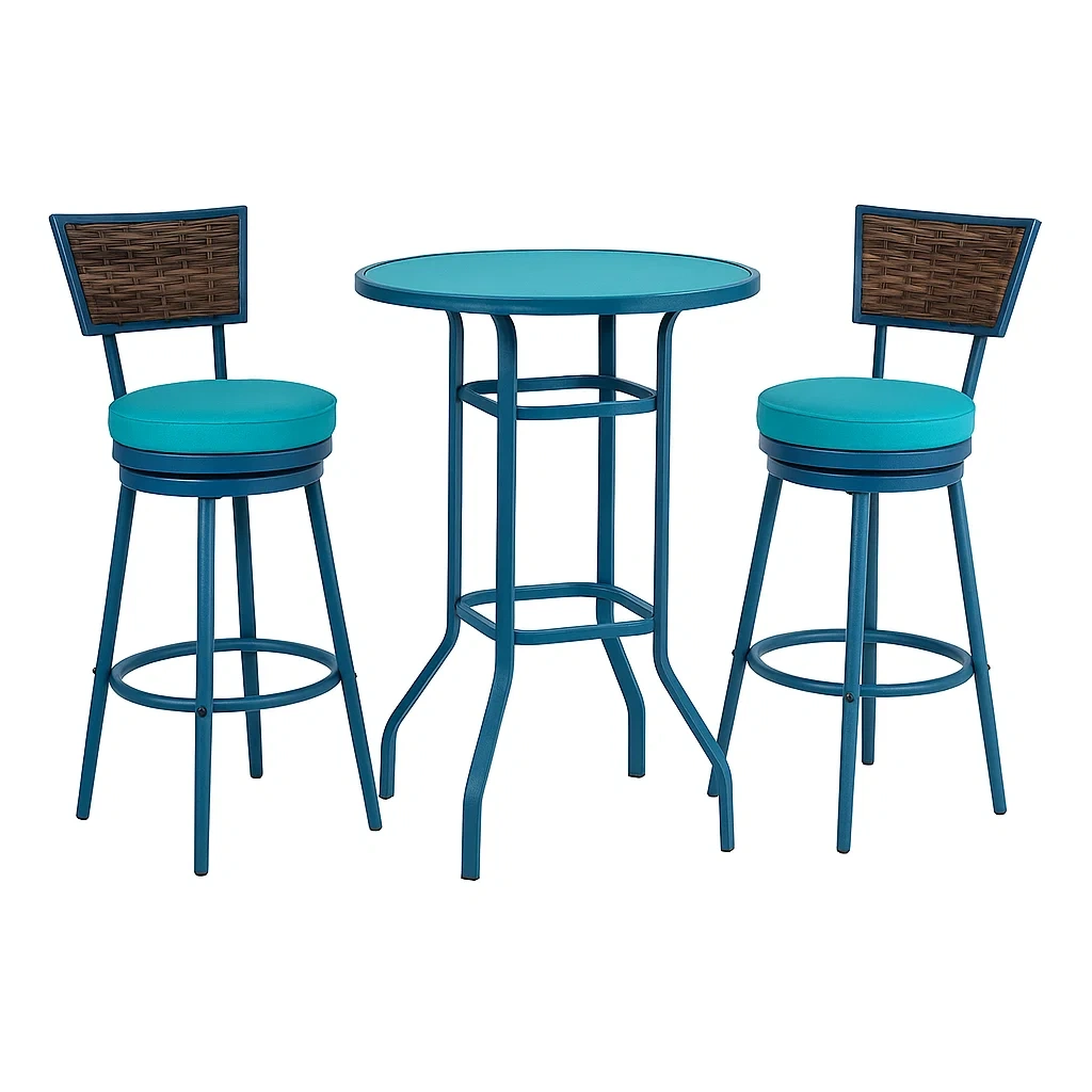 Set tavolo da bar con sedie rotondo in metallo e tessuto blu