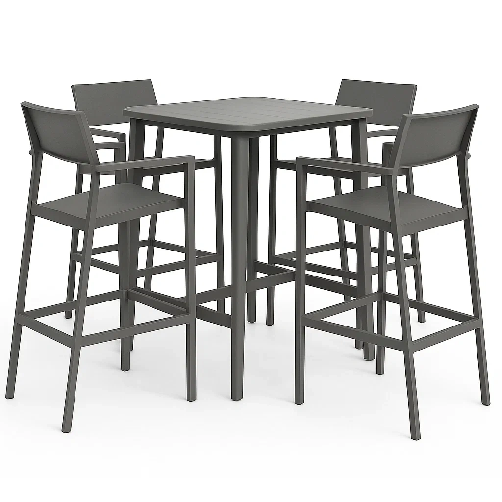Set tavolo da bar con sedie in metallo grigio