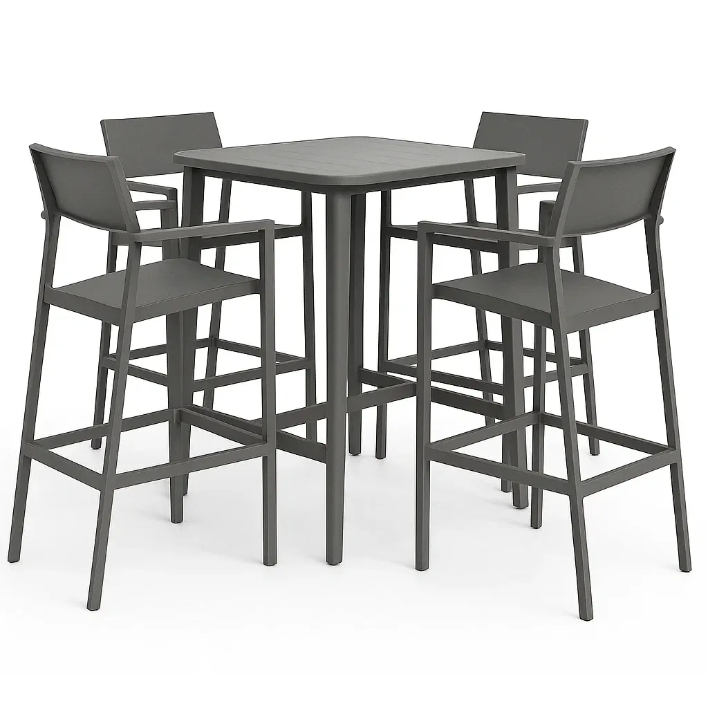 Set tavolo da bar con sedie in metallo grigio