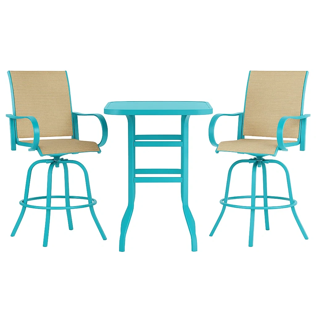 Set tavolo da bar con sedie quadrato in alluminio blu con sedie girevoli in textilene beige