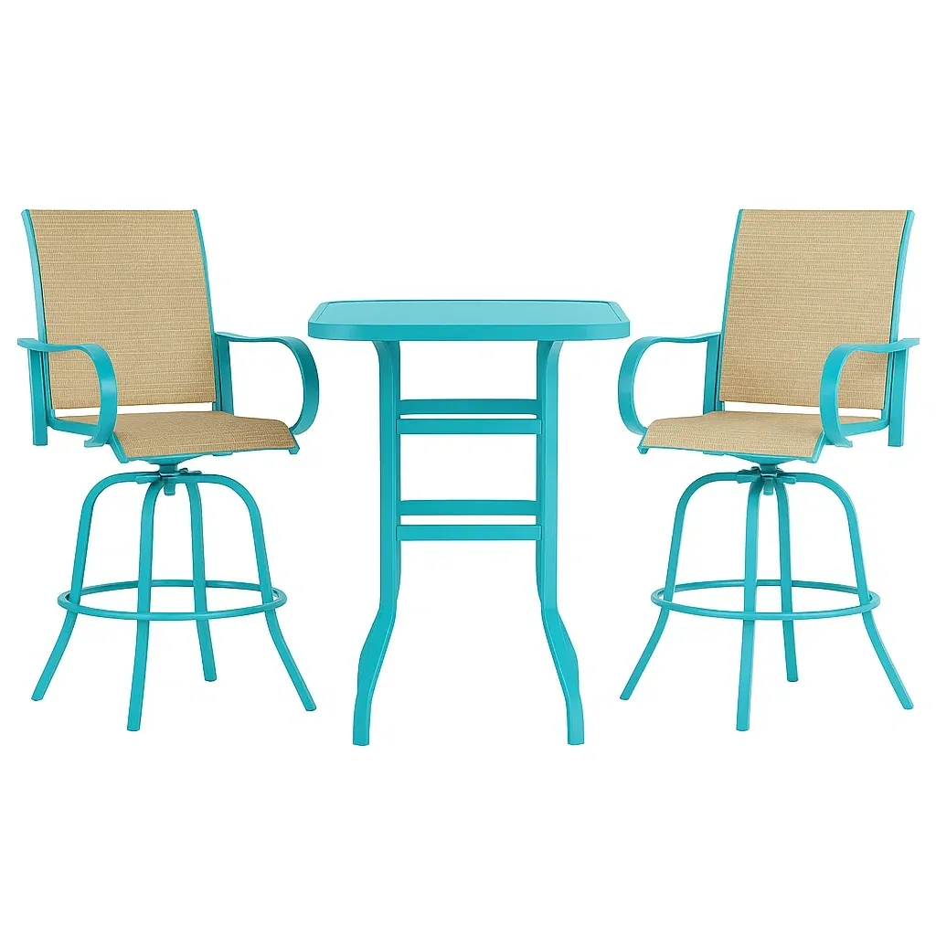 Set tavolo da bar con sedie quadrato in alluminio blu con sedie girevoli in textilene beige