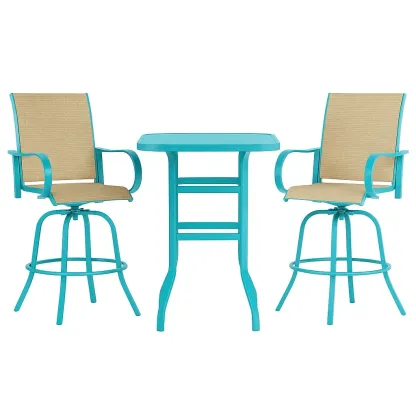 Set tavolo da bar con sedie quadrato in alluminio blu con sedie girevoli in textilene beige