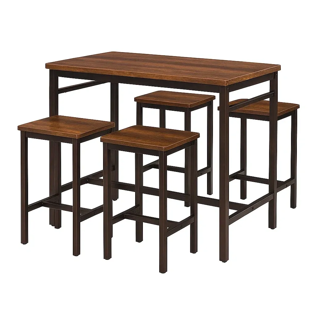 Set tavolo da bar con sedie rettangolare in legno e metallo con 4 sgabelli