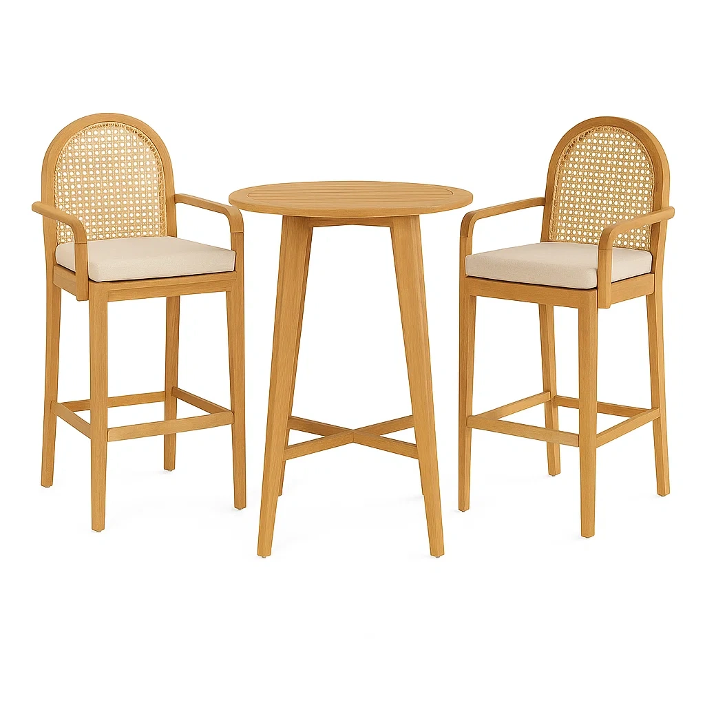 Set tavolo da bar con sedie alto rotondo in legno e tessuto beige