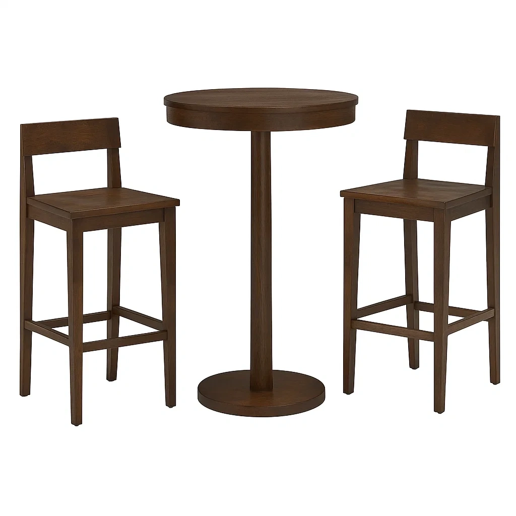 Set tavolo da bar con sedie in legno massello marrone con tavolo rotondo e due sgabelli