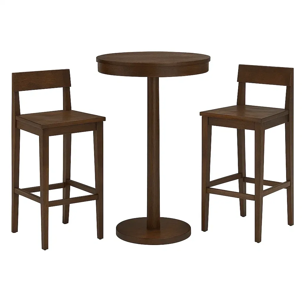 Set tavolo da bar con sedie in legno massello marrone con tavolo rotondo e due sgabelli