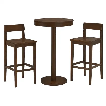 Set tavolo da bar con sedie in legno massello marrone con tavolo rotondo e due sgabelli