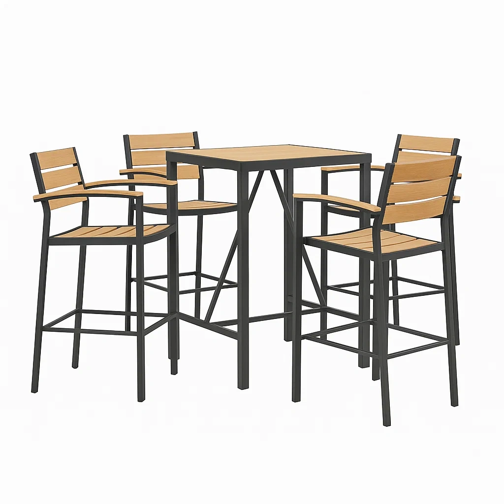 Set tavolo da bar con sedie quadrato in acciaio e HPL con 4 sedie da bar