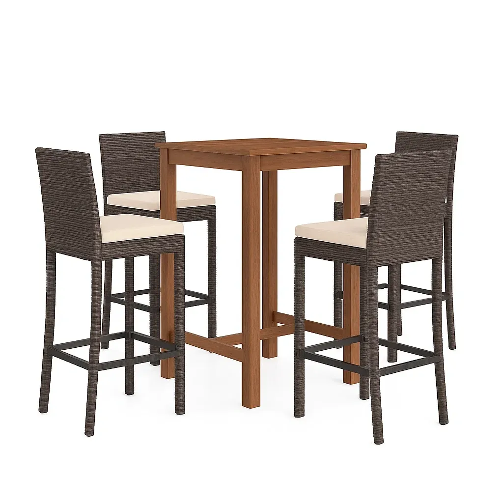 Set tavolo da bar con sedie alto quadrato in legno con 4 sedie in rattan con cuscini