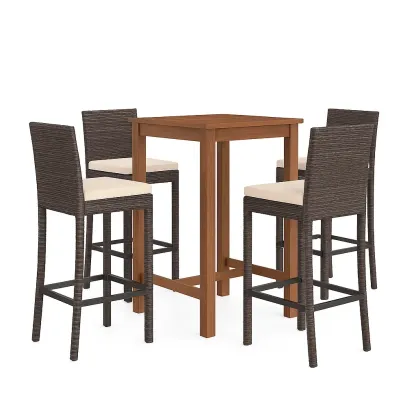 Set tavolo da bar con sedie alto quadrato in legno con 4 sedie in rattan con cuscini