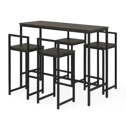 Set tavolo da bar con sedie in MDF effetto legno scuro e metallo nero 5 pezzi