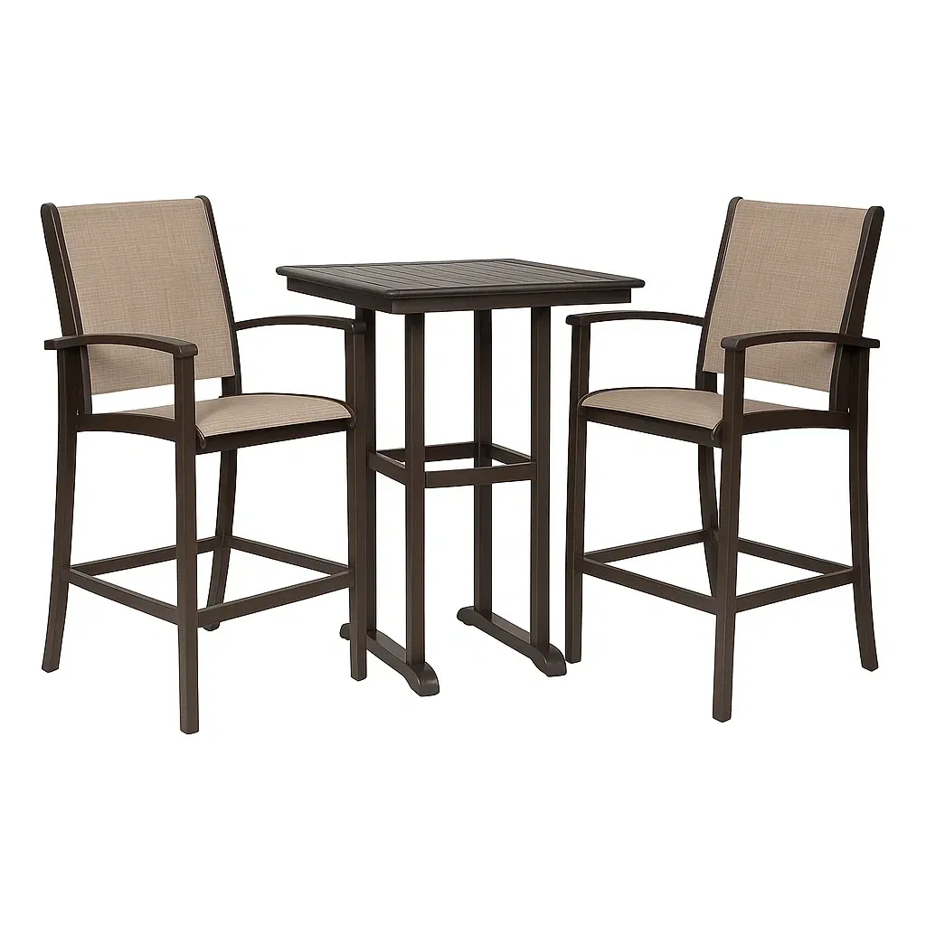 Set tavolo da bar con sedie quadrato alto da giardino con telaio in alluminio marrone e tessuto beige