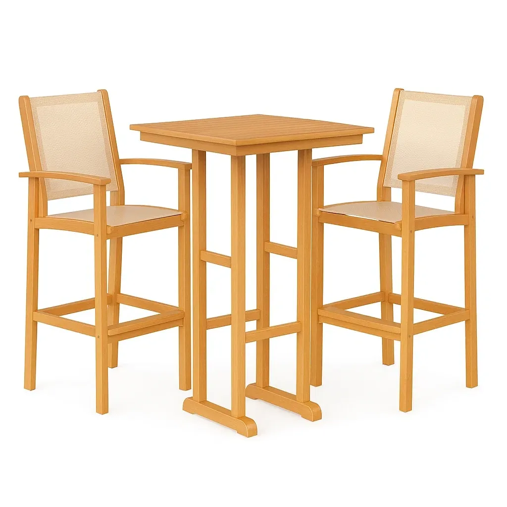 Set tavolo da bar con sedie quadrato con due sedie alte in legno naturale e crema