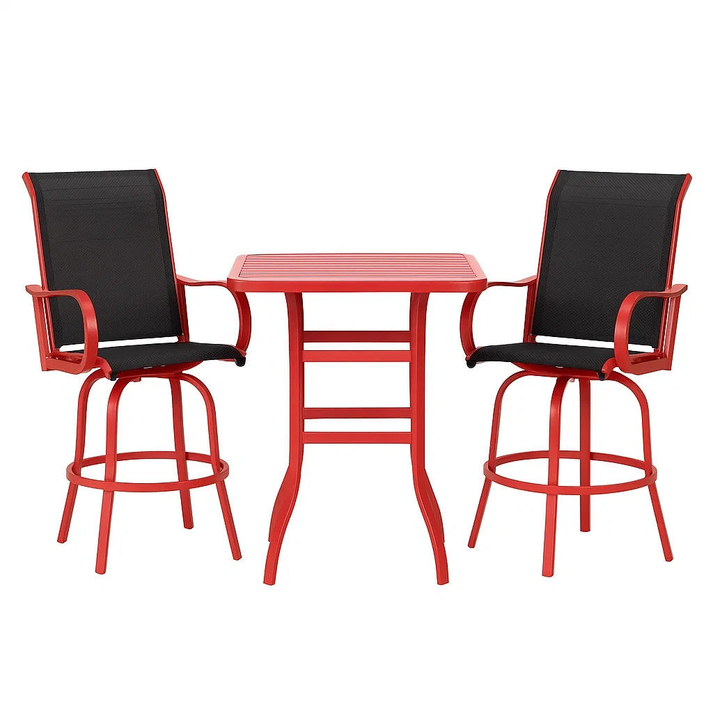 Set tavolo da bar con sedie da giardino in alluminio rosso con sedie in textilene nero