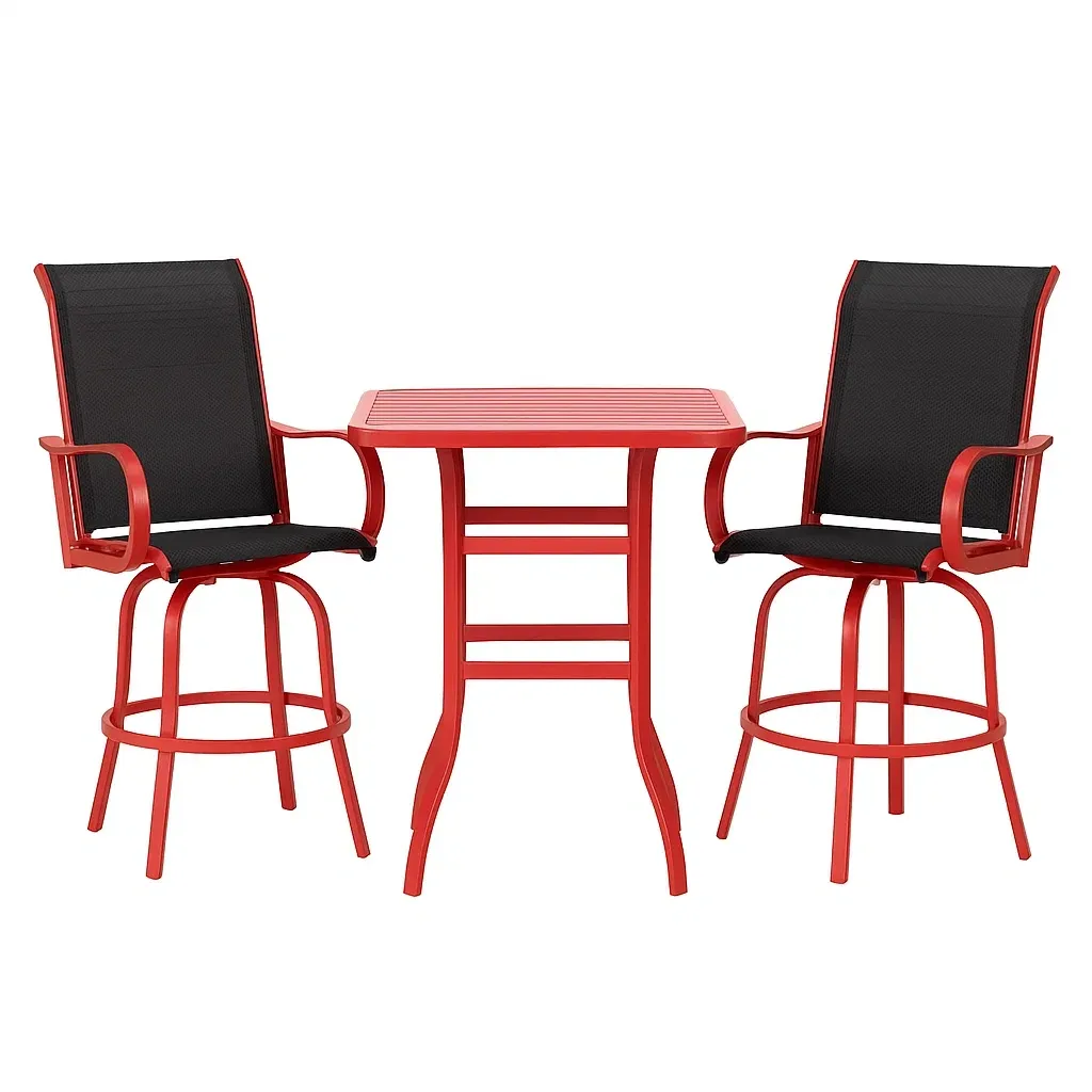 Set tavolo da bar con sedie da giardino in alluminio rosso con sedie in textilene nero