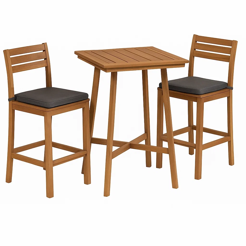 Set tavolo da bar con sedie in legno marrone con sedie e cuscini grigi
