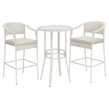 Set tavolo da bar con sedie in rattan bianco con tavolo e sgabelli